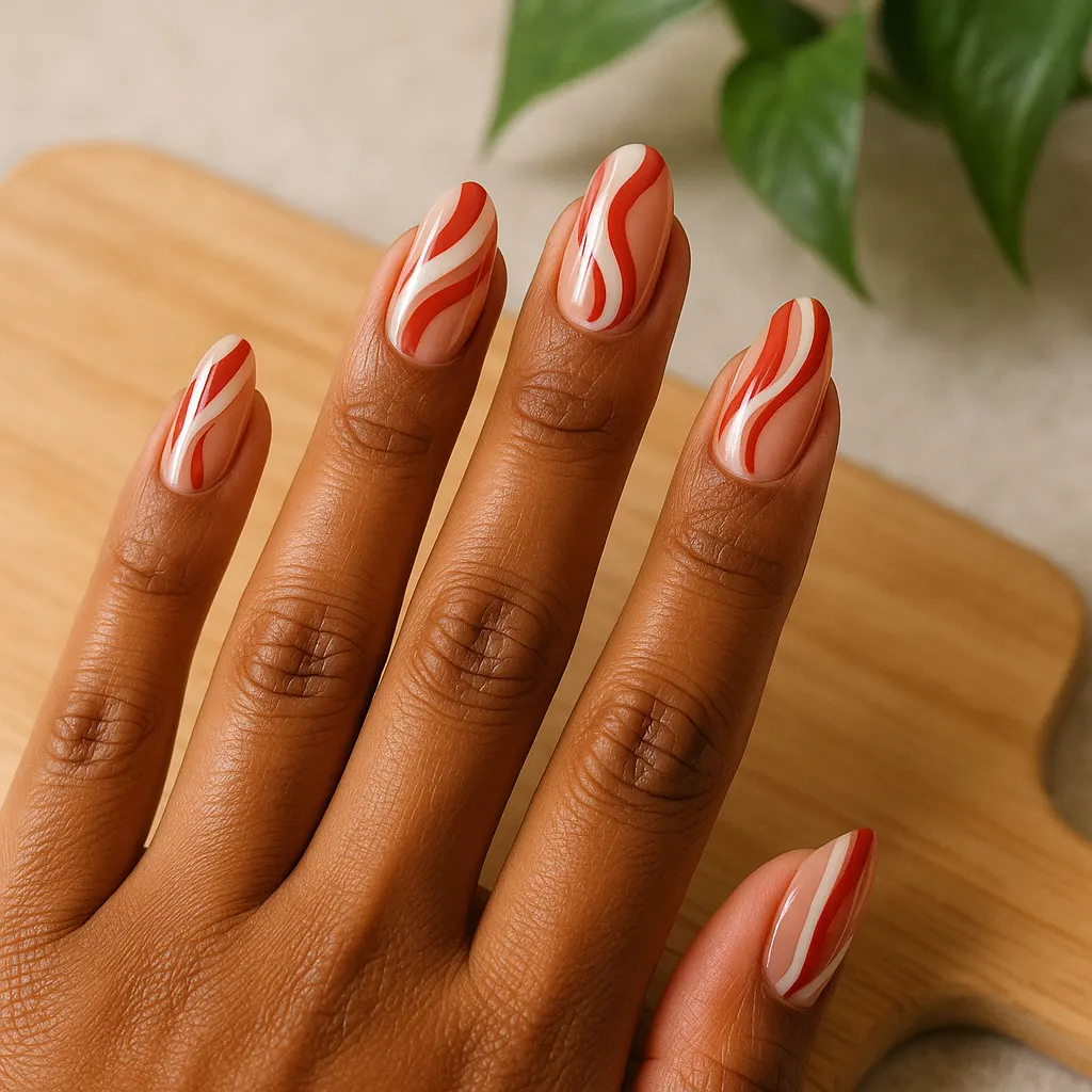 Medium almond nude nails with flowing red and white swirl art, on morena skin over a wooden board near a green plant.