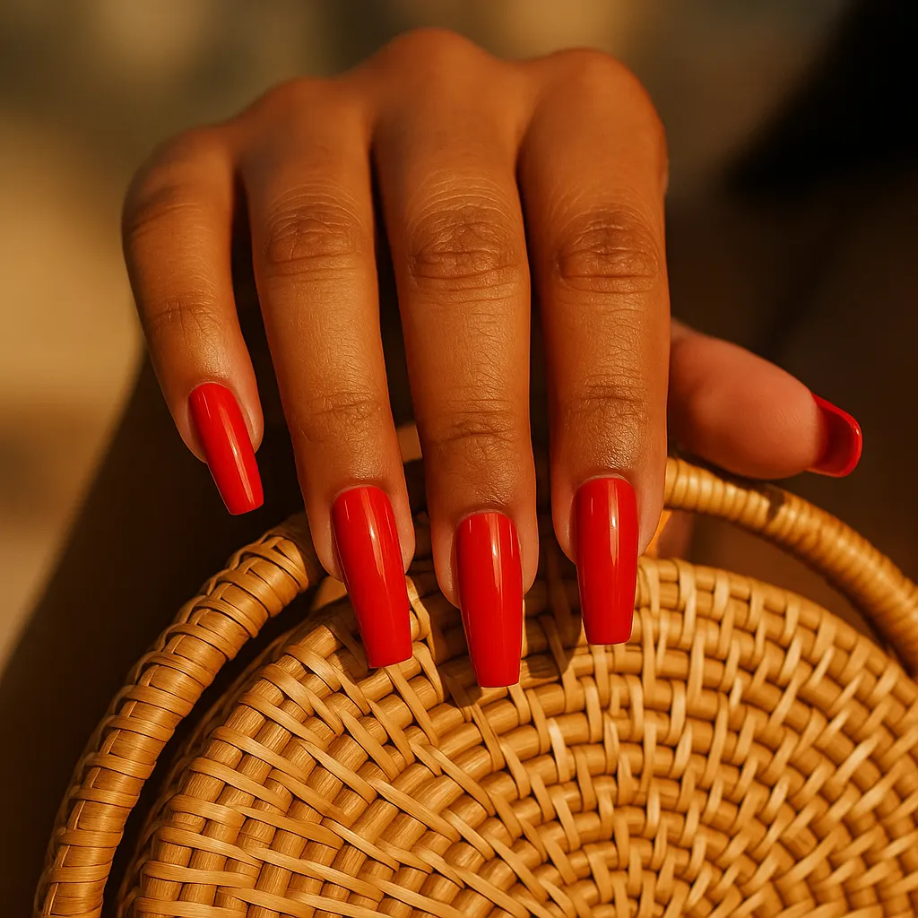 Long coffin nails in high gloss bright scarlet red, on warm tan skin holding a round woven rattan bag.
