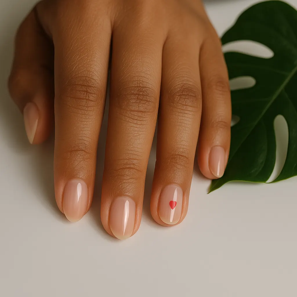 Short almond natural nails in sheer pink polish, one tiny red heart on each ring finger, on morena skin, the hand beside a monstera leaf on a white table.