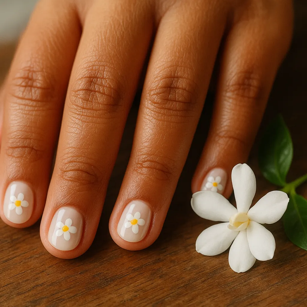 Short round natural nails in milky white polish, a small daisy with a yellow centre on each nail, on warm tan skin, the hand beside a sampaguita bloom on a wooden table.