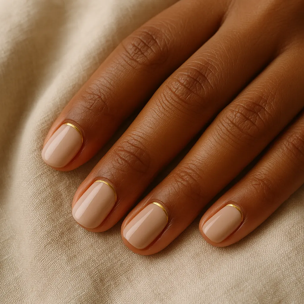 Short squoval natural nails in glossy nude polish with a thin gold half moon at the base of each nail, on kayumanggi skin, the hand on beige linen.