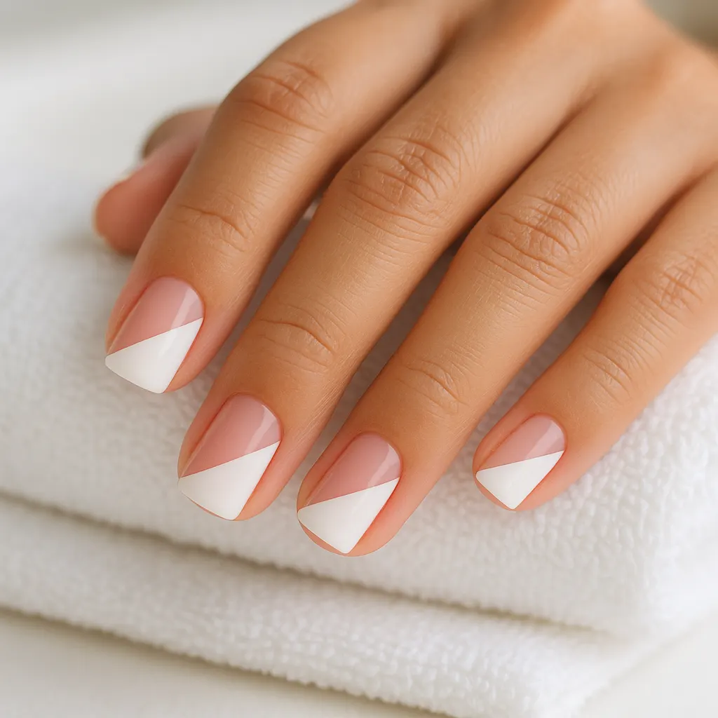 Short square natural nails split diagonally, half soft pink and half white, with a clean straight line, on light mestiza skin, the hand on a folded white cotton towel.