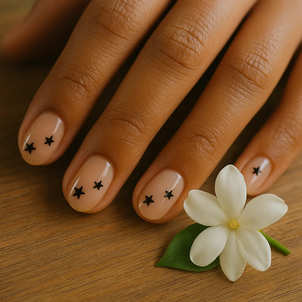Short oval natural nails in sheer nude polish with two tiny black stars on each nail, on warm tan skin, the hand beside a sampaguita bloom on a wooden table.