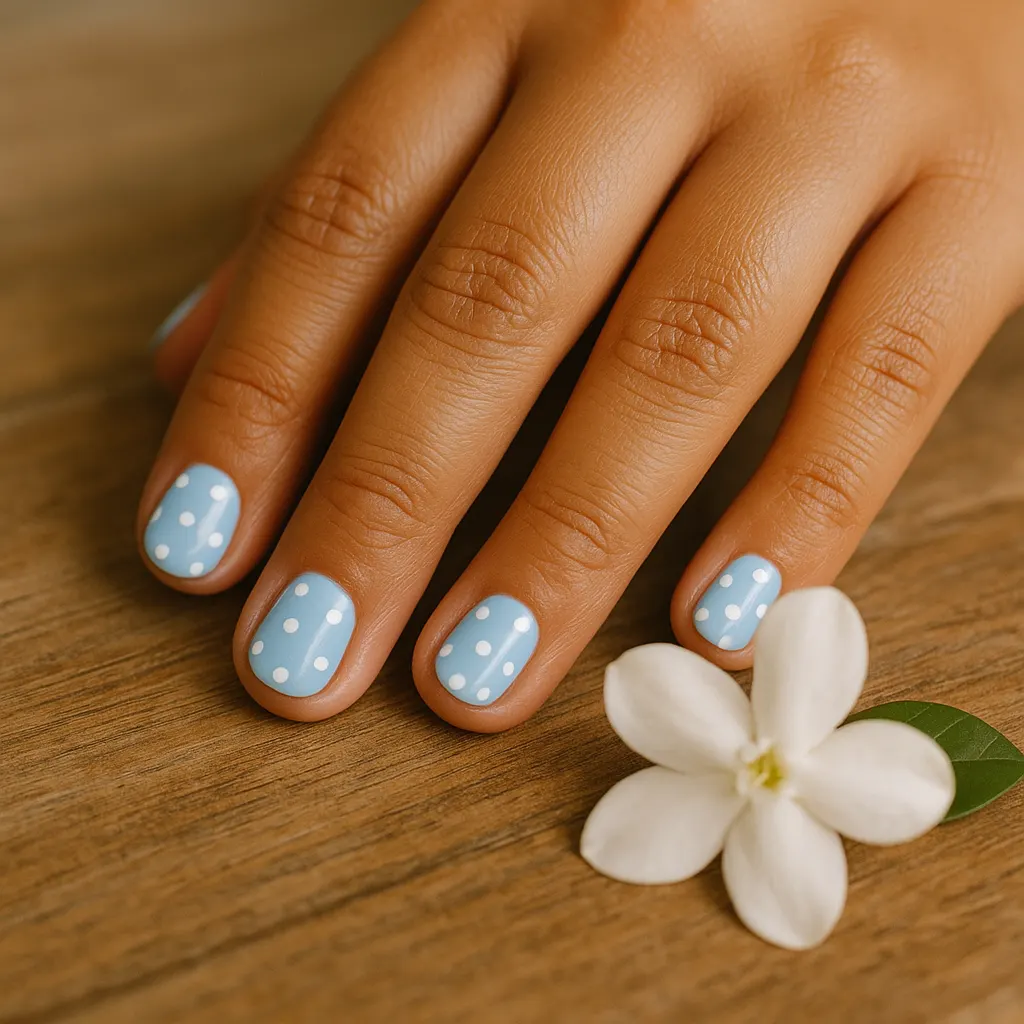 Short round natural nails in pastel baby blue polish with small white polka dots, on warm tan skin, the hand beside a sampaguita bloom on a wooden table.