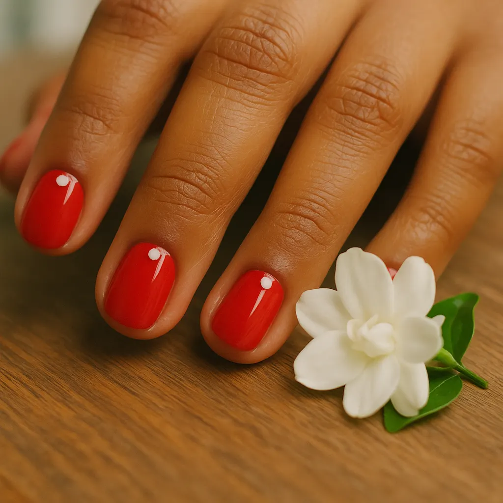 Short round natural nails in glossy red polish with one small white dot at the base of each nail, on morena skin, the hand beside a sampaguita bloom on a wooden table.