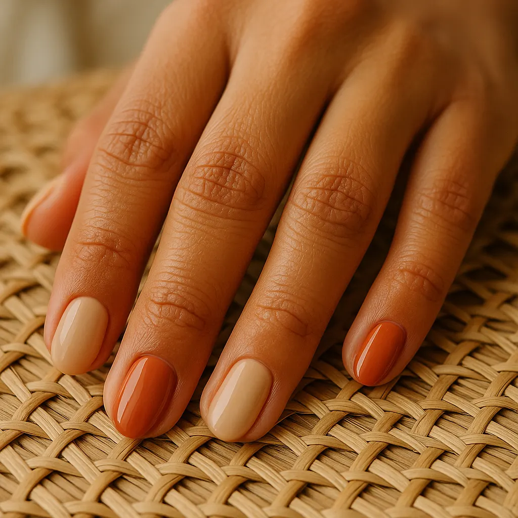 Short oval natural nails alternating glossy nude and terracotta, one colour per nail, on warm tan skin, the hand on a woven rattan mat.