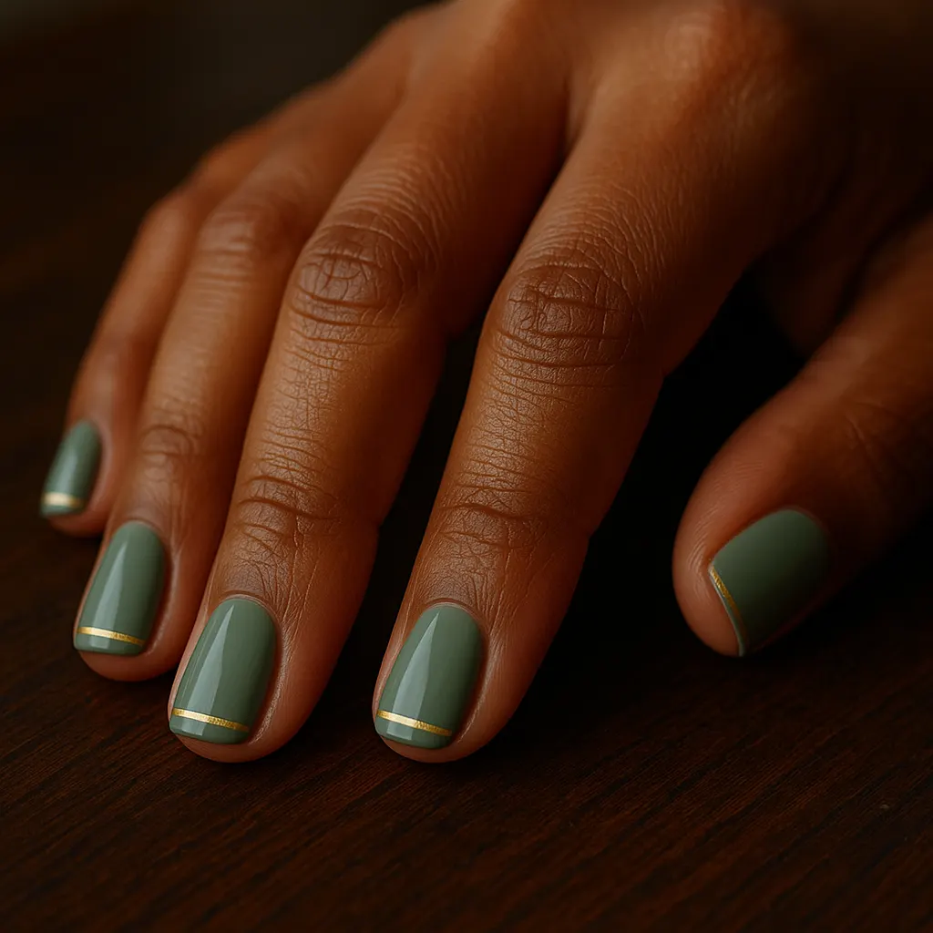 Short square natural nails in sage green polish with one thin gold stripe near the tip, on kayumanggi skin, the hand on a dark wooden table.