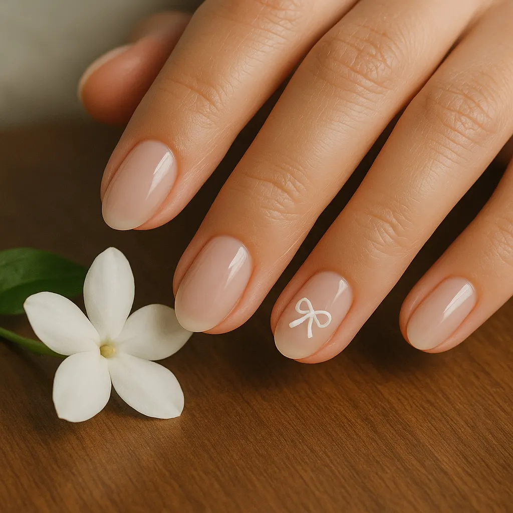 Short almond natural nails in milky pink polish, a small white hand-painted bow on the ring finger, on light mestiza skin, the hand beside a sampaguita bloom on a wooden table.