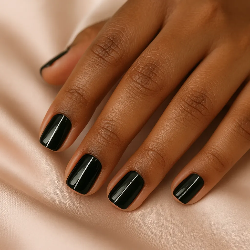 Short square natural nails in glossy black polish with one fine silver line down the centre of each nail, on morena skin, the hand on blush satin.