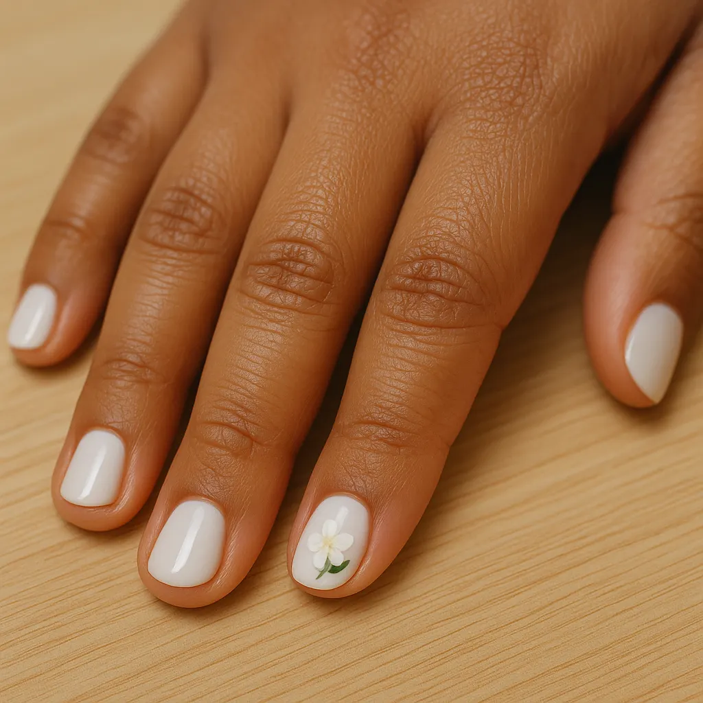 Short round natural nails in white polish, a small painted sampaguita flower with green leaves on the ring finger, on warm tan skin, the hand flat on a light oak table.
