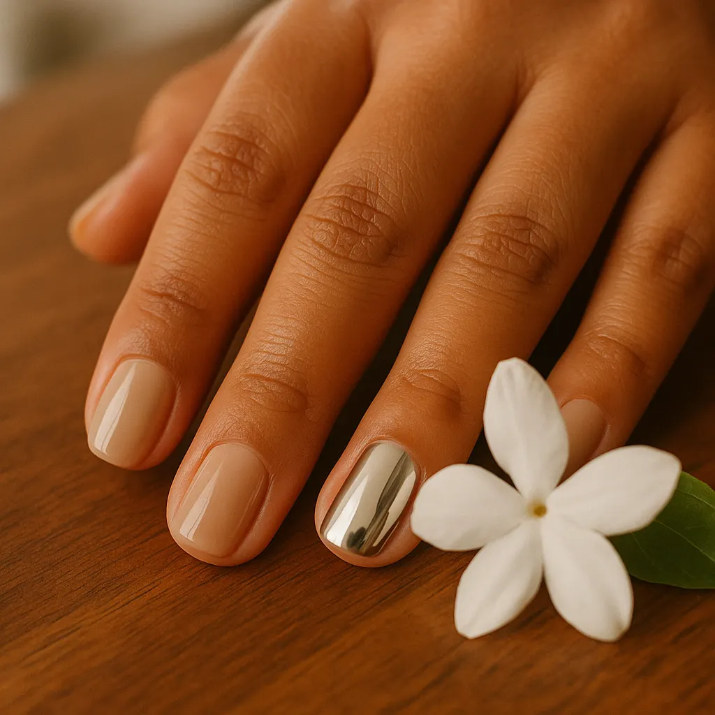Short squoval natural nails in glossy nude polish, the ring finger in mirror silver chrome, on warm tan skin, the hand beside a sampaguita bloom on a wooden table.