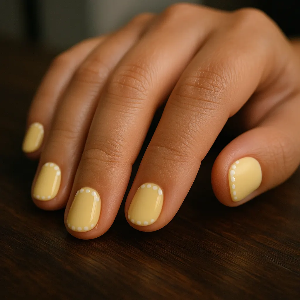 Short round natural nails in pastel yellow polish with a row of tiny white dots along the tip, on light mestiza skin, the hand on a dark wooden table.