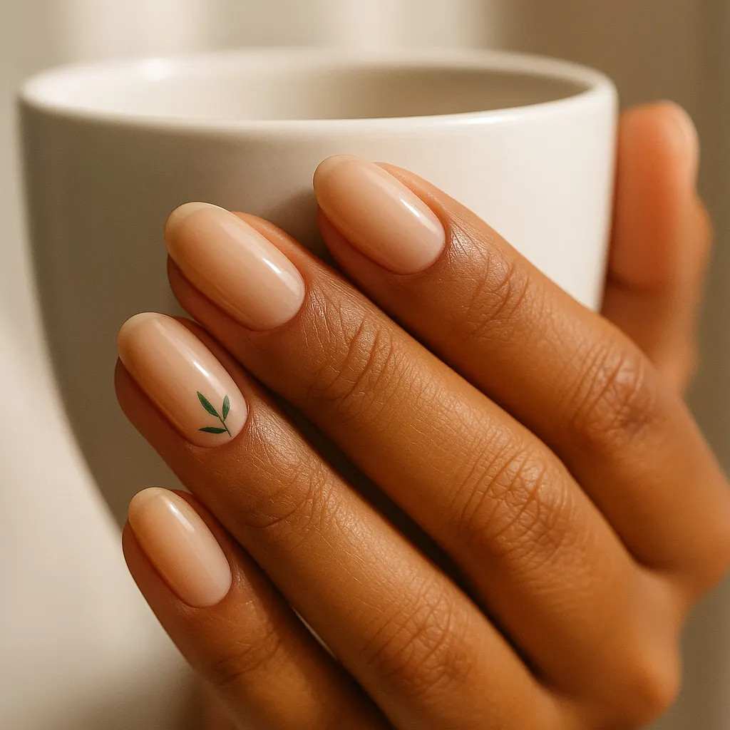 Medium almond natural nails in sheer nude polish, one thin hand-painted green leaf sprig on each ring finger, on morena skin, the hand holding a white ceramic coffee cup.