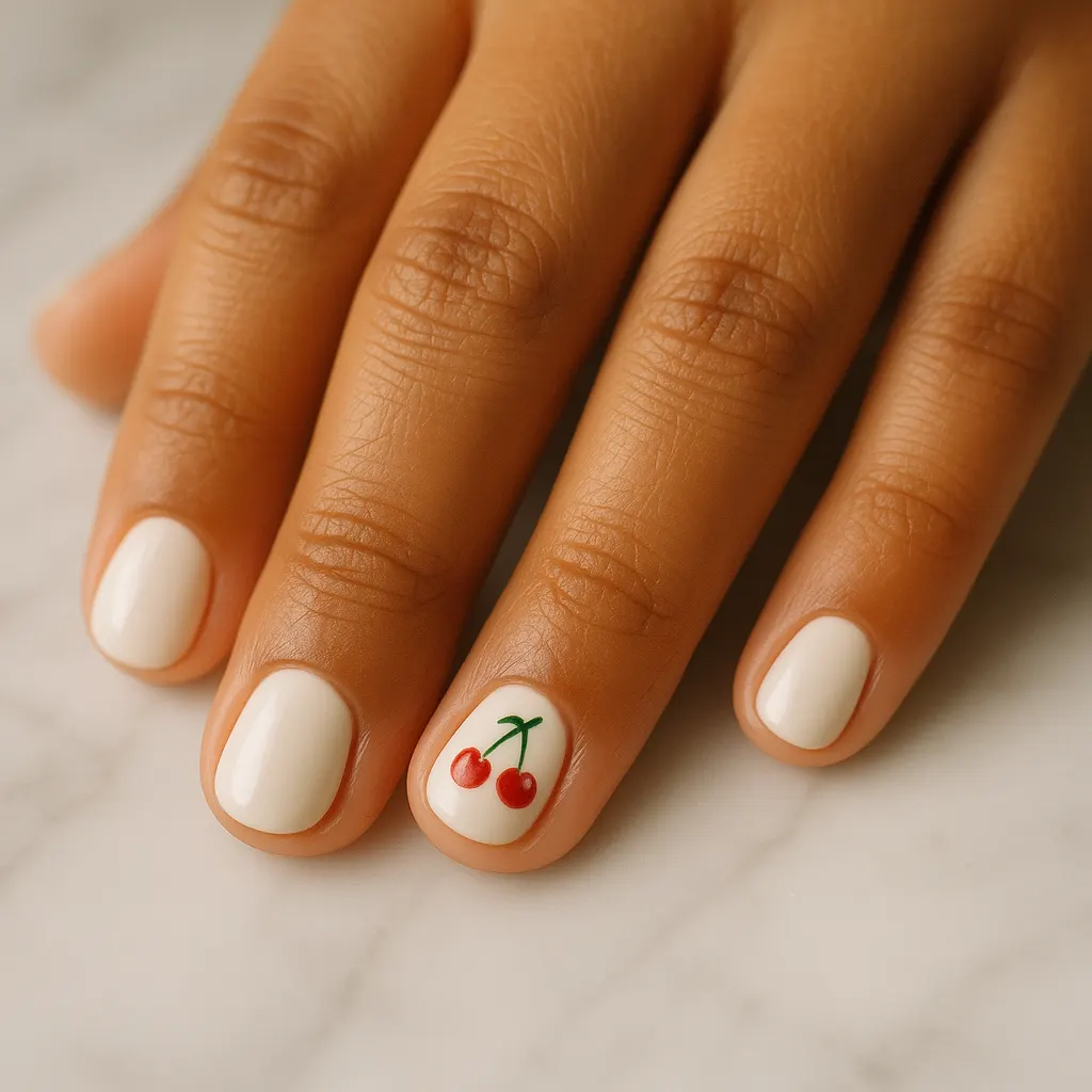Short round natural nails in white polish, a pair of small red cherries painted on the ring finger, on warm tan skin, the hand resting on white marble.