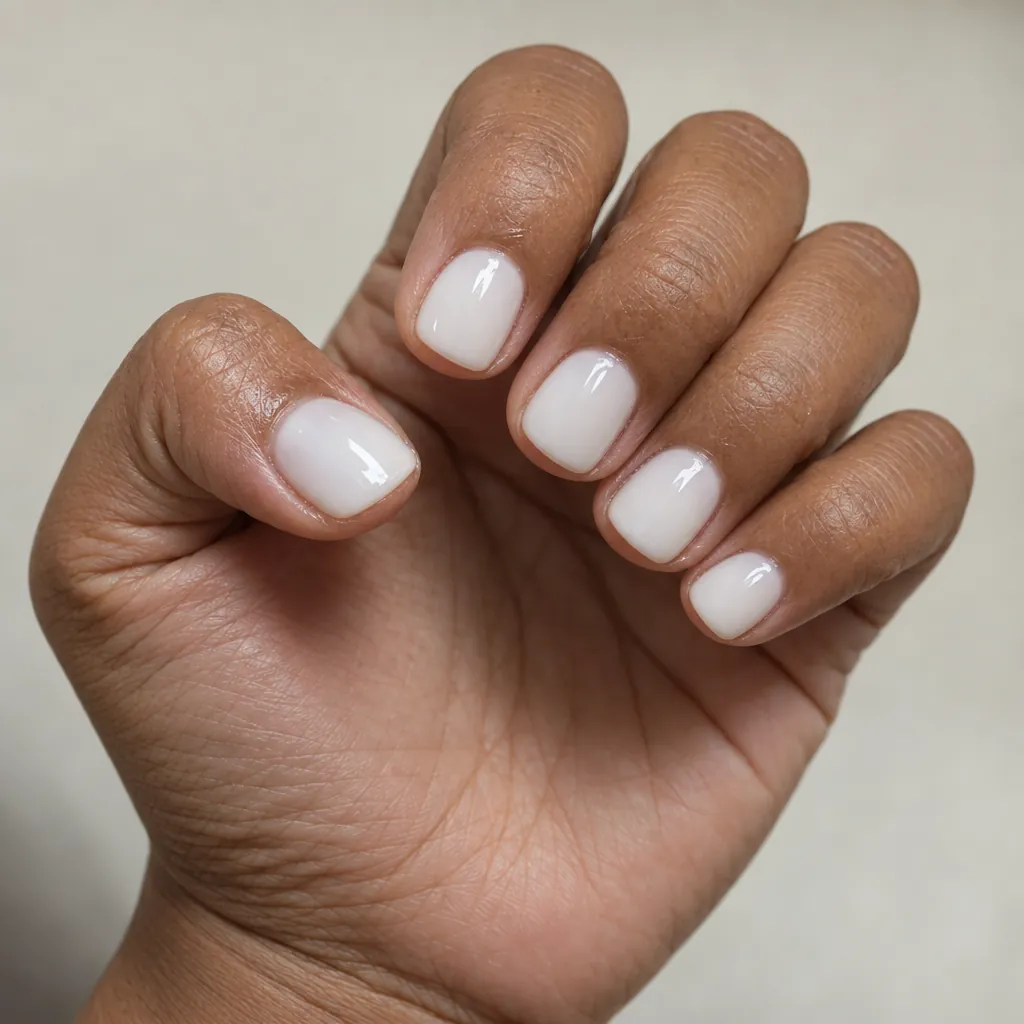 Very short squoval nails in an opaque milky white on warm brown skin.