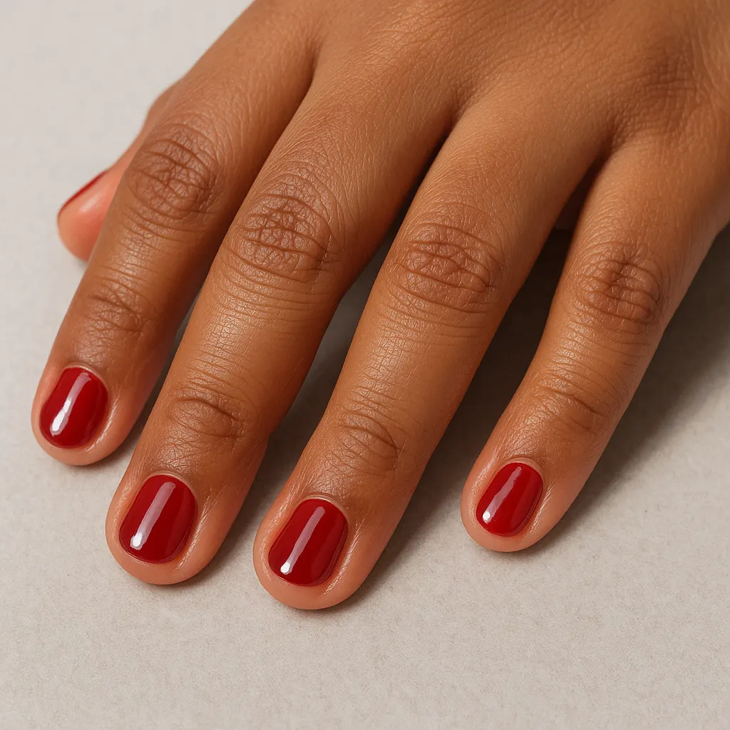 Very short round nails in a deep true red on kayumanggi skin against a light grey background.