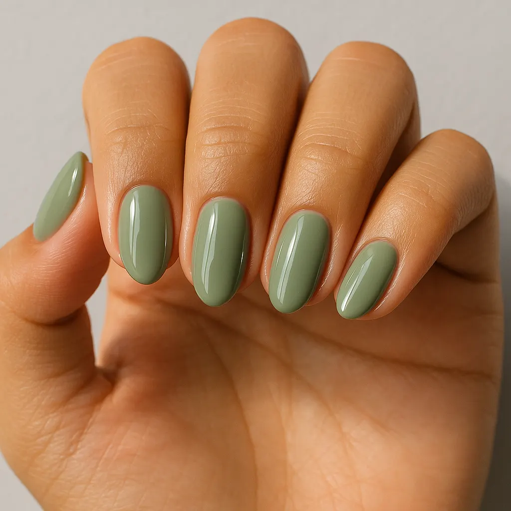 Very short almond nails in a soft sage green on warm tan skin against a light grey background.