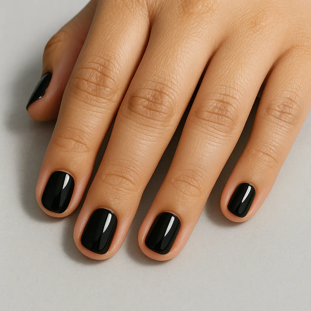 Very short squoval nails in a glossy jet black on light mestiza skin against a light grey background.