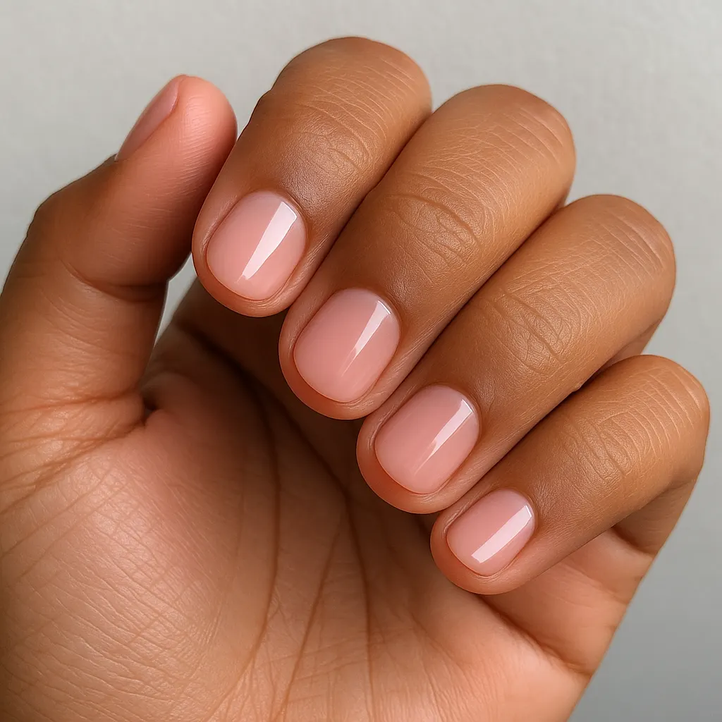 Very short round nails in a soft baby pink on kayumanggi skin against a light grey background.