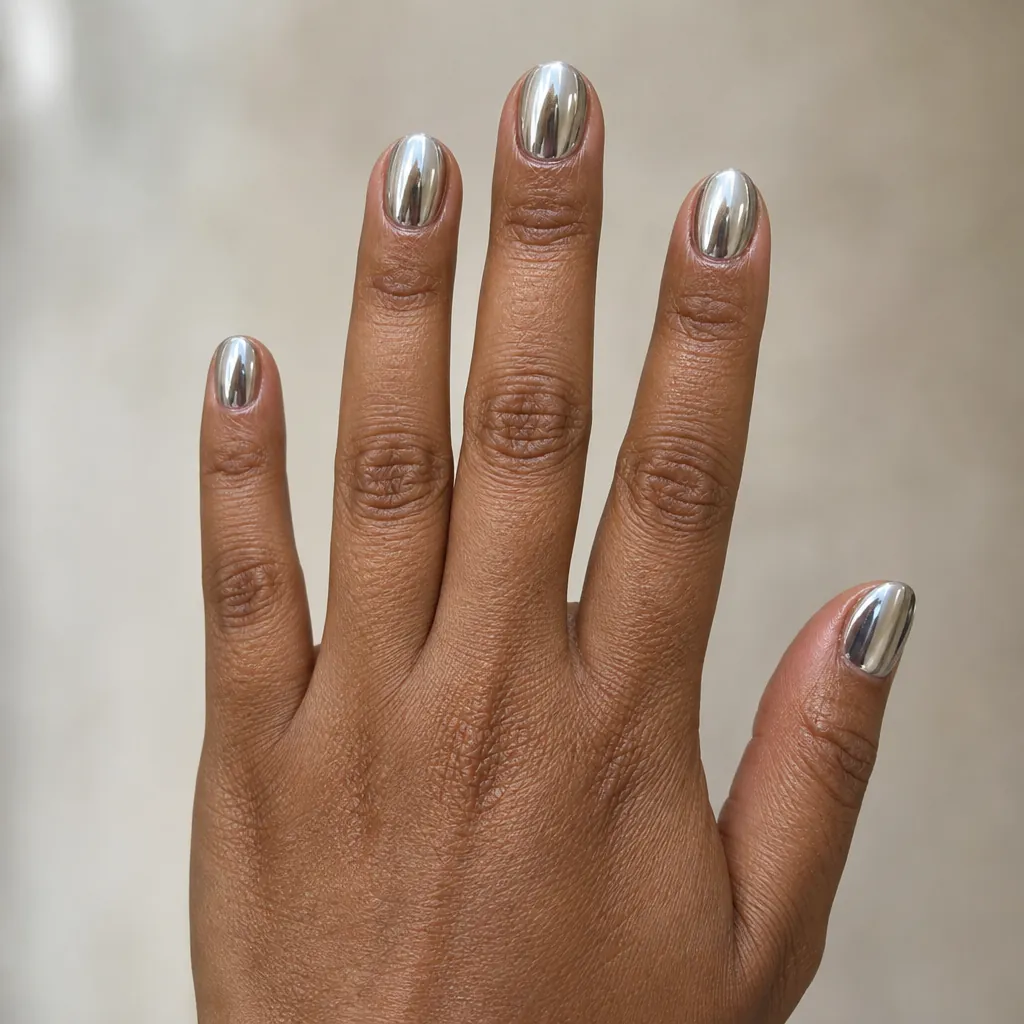 Very short almond nails in a mirror silver chrome on warm brown skin.