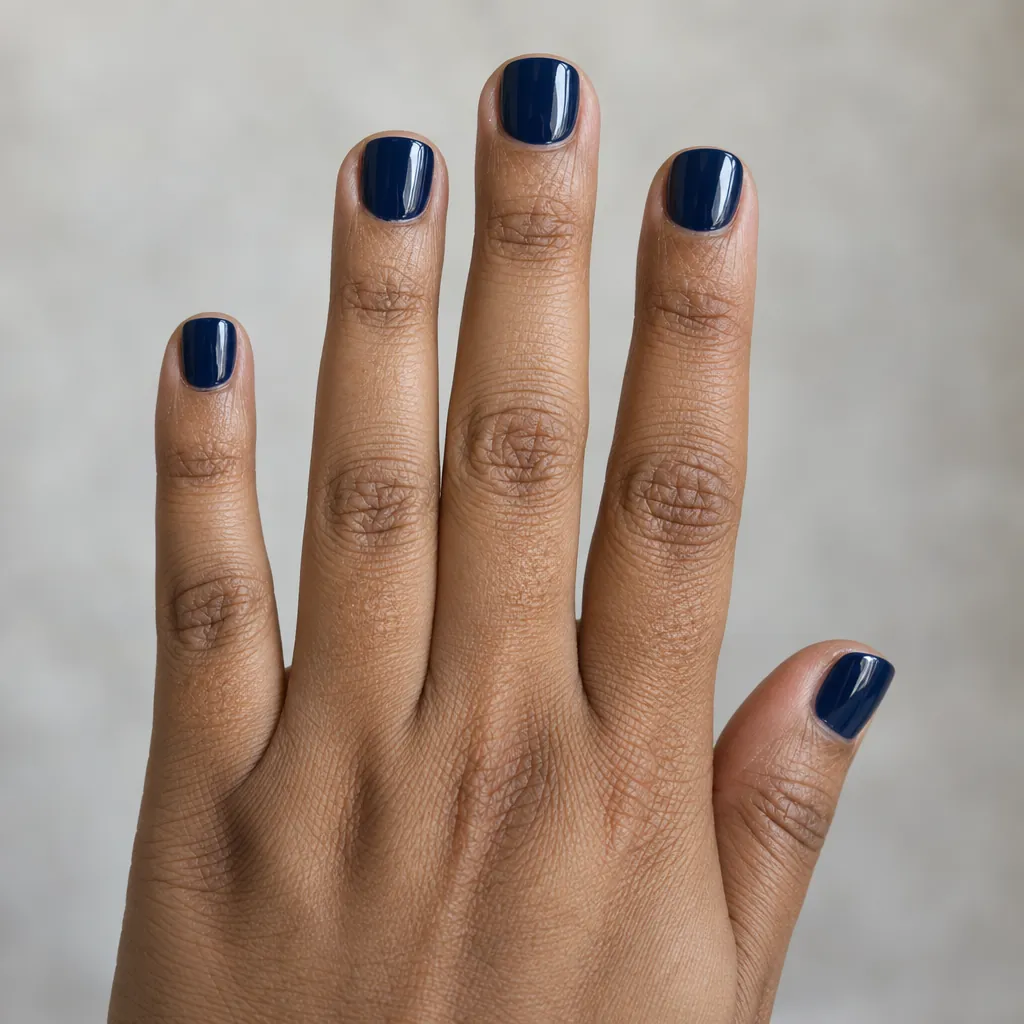 Very short squoval nails in a deep navy blue on medium brown skin.