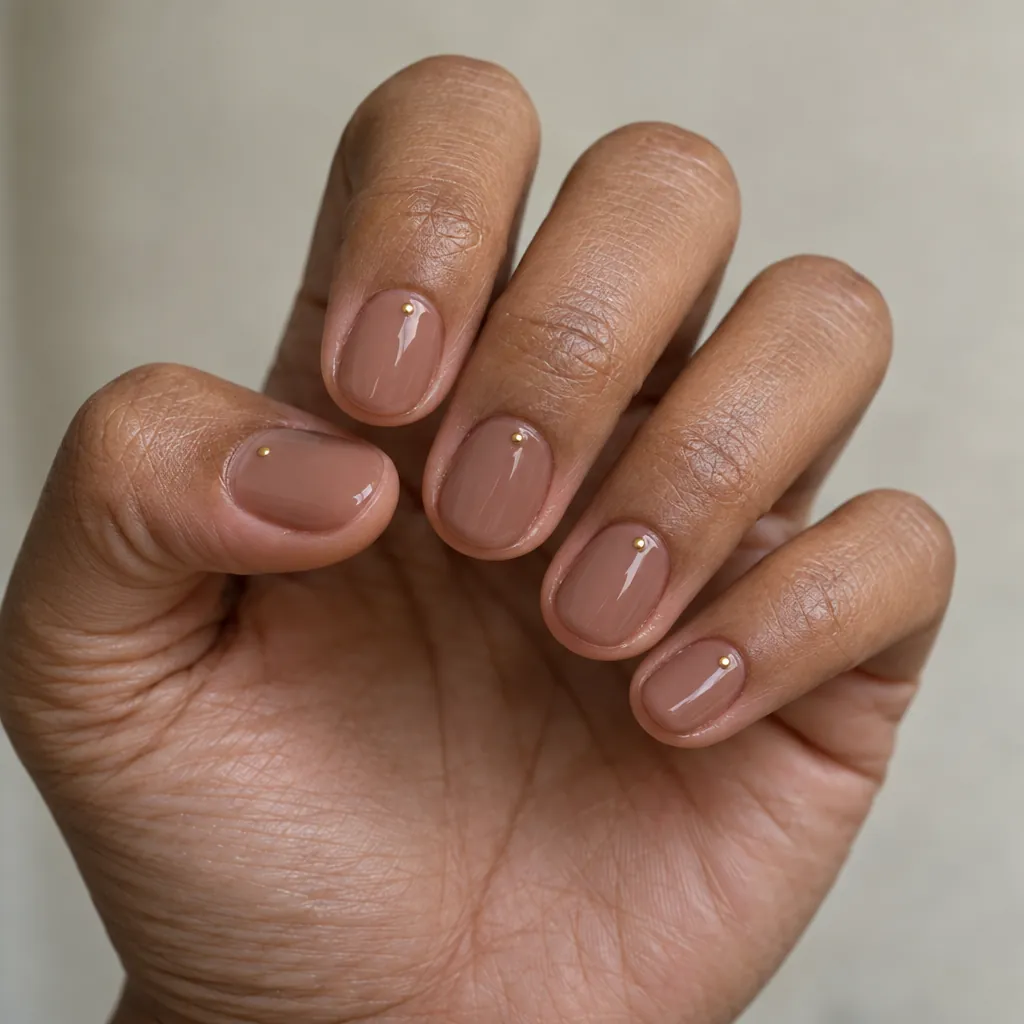 Very short round nails in a deep nude, each with one tiny gold dot near the cuticle, on warm brown skin.