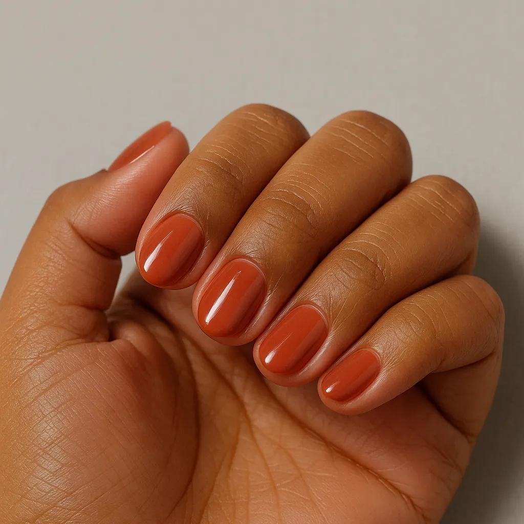 Very short almond nails in a warm terracotta on warm tan skin against a light grey background.