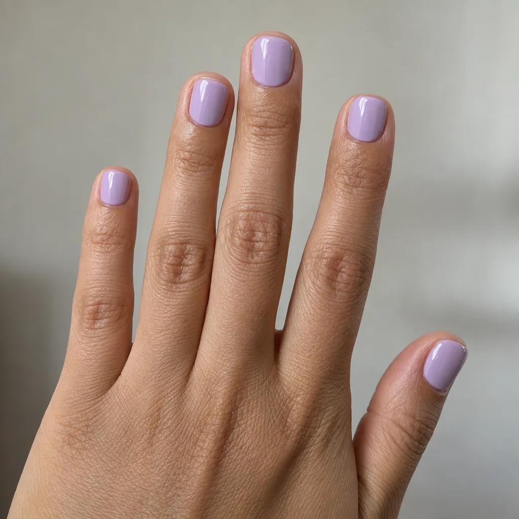 Very short squoval nails in a soft lilac on tan skin.