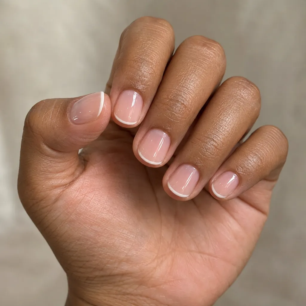 Very short round nails in a sheer pink with a fine white tip, on warm brown skin.