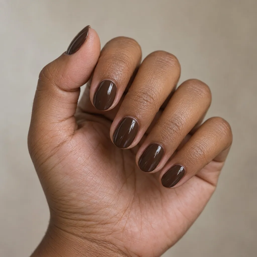 Very short almond nails in a dark chocolate brown on warm brown skin.