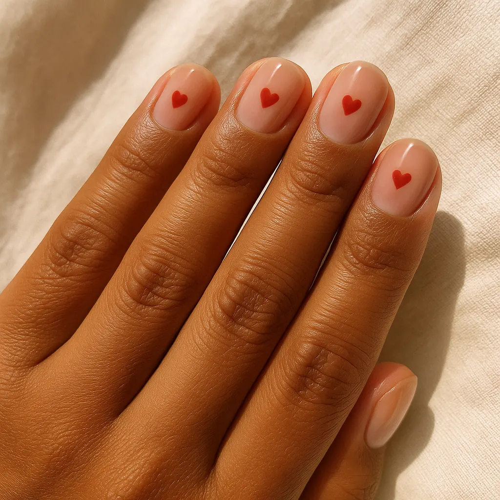 Short round sheer nude pink nails with a tiny red heart on each finger nail, on morena skin resting on cream linen.