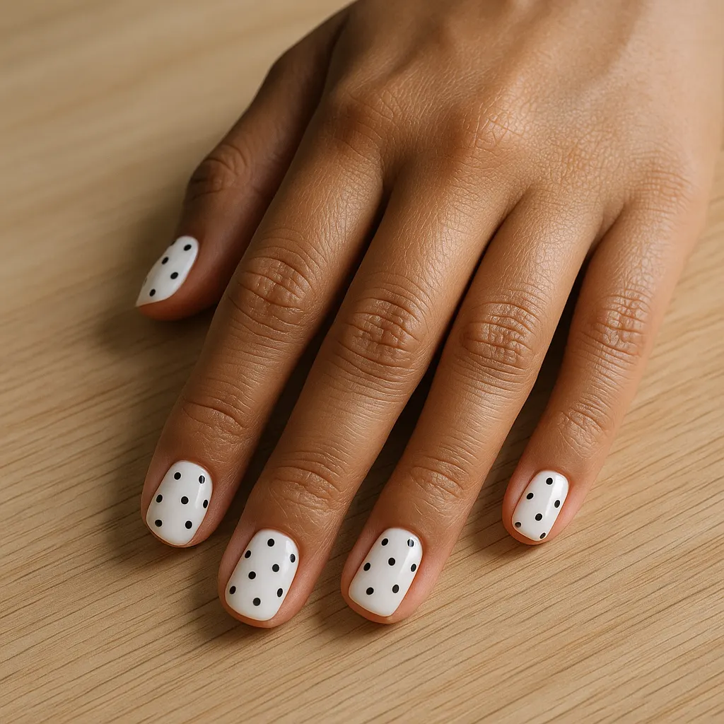 Short squoval milky white nails with small black polka dots, on warm tan skin resting on a light wooden table.