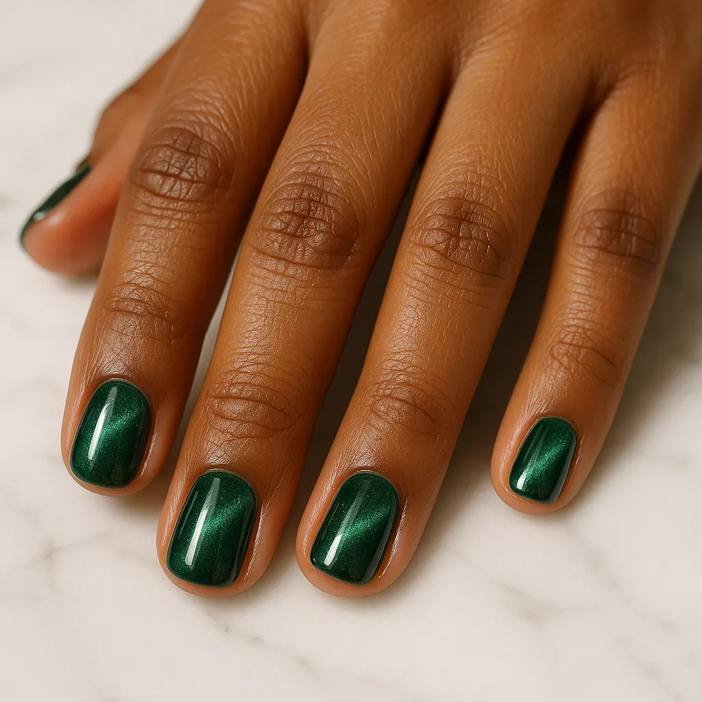 Short squoval deep emerald green cat eye nails with a shimmering light band, on morena skin resting on white marble.