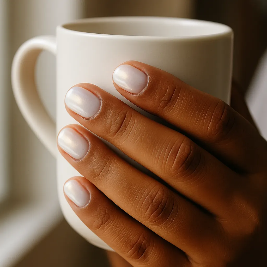 Short round milky white nails with a pearly glazed donut sheen, on medium brown skin holding a white coffee mug.