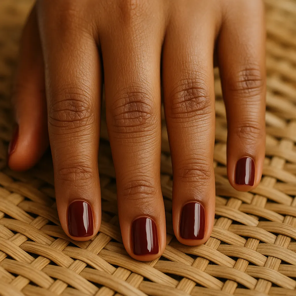 Short square glossy deep maroon nails, on kayumanggi deep brown skin resting on woven rattan.