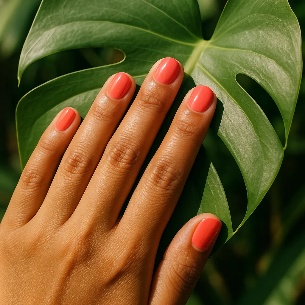 Short round glossy bright coral nails, on warm tan skin resting against a green monstera leaf.
