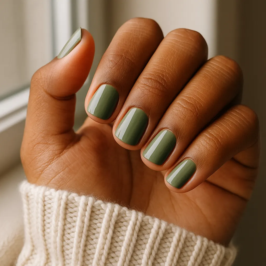 Short squoval glossy muted olive green nails on a relaxed curled hand, on morena skin by a cream knit sleeve.