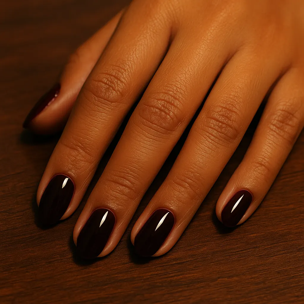 Short almond high gloss dark cherry nails, almost black red, on warm tan skin resting on a dark wooden table.
