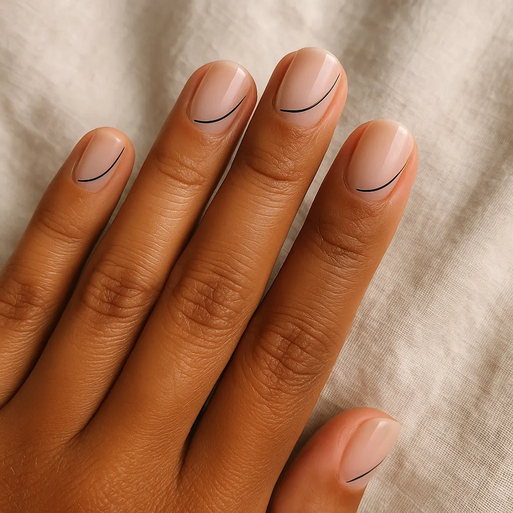 Short round sheer nude nails with one thin black curved line on each, on warm tan skin resting on beige linen.