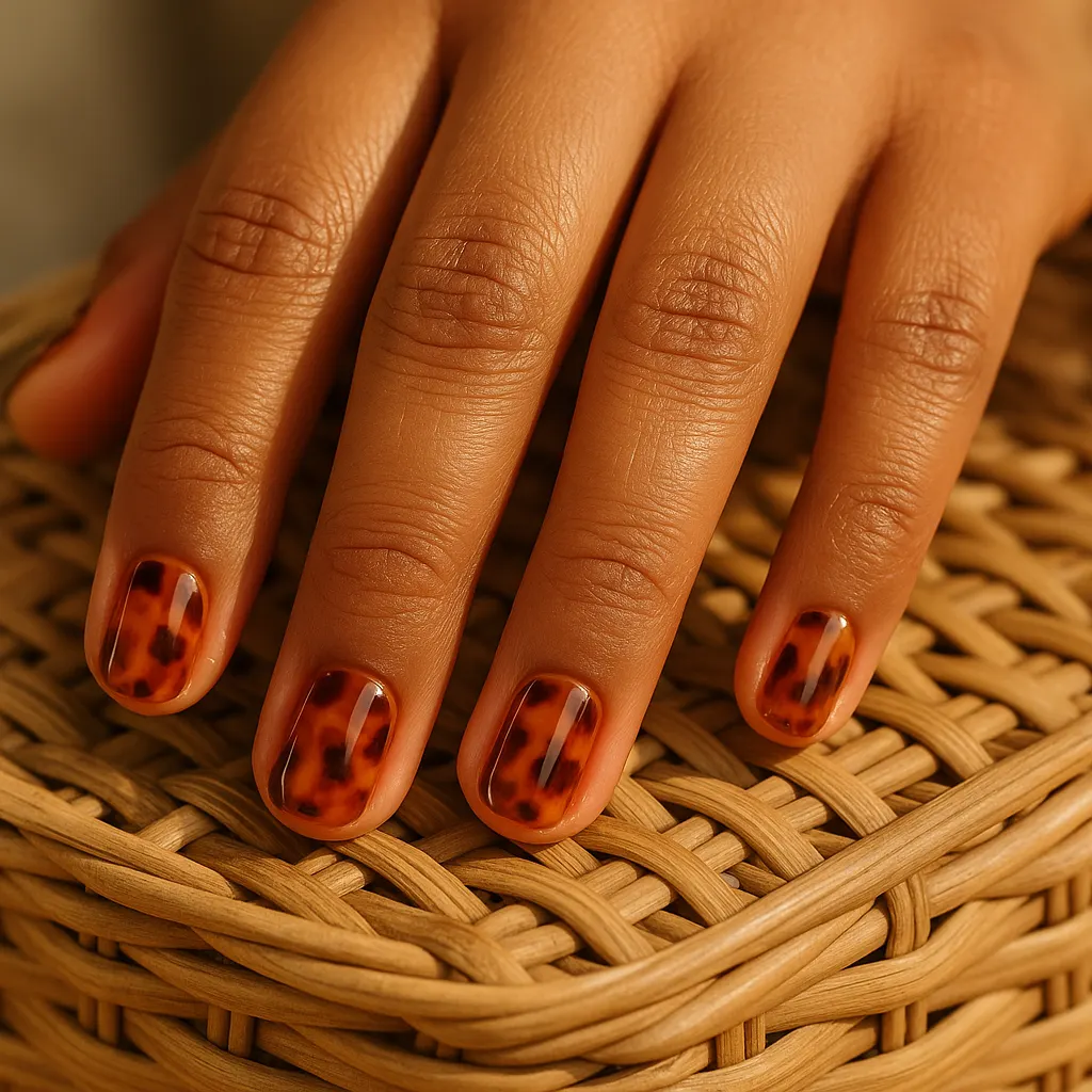 Short squoval glossy amber and dark brown tortoiseshell nails, on morena skin resting on a woven rattan basket.