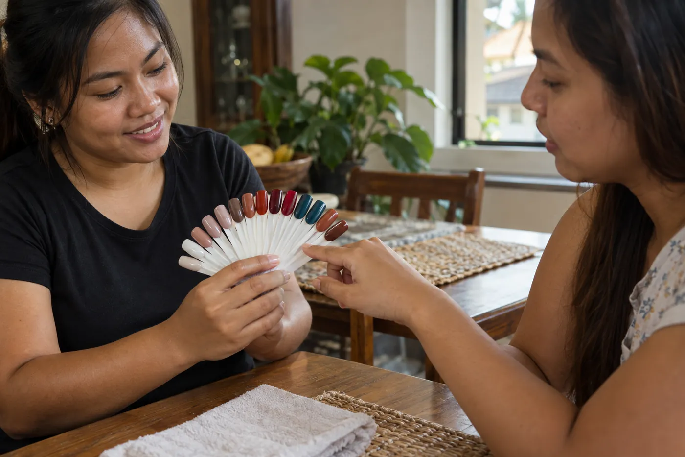 A fan of color swatch tips held up for a client to choose from.