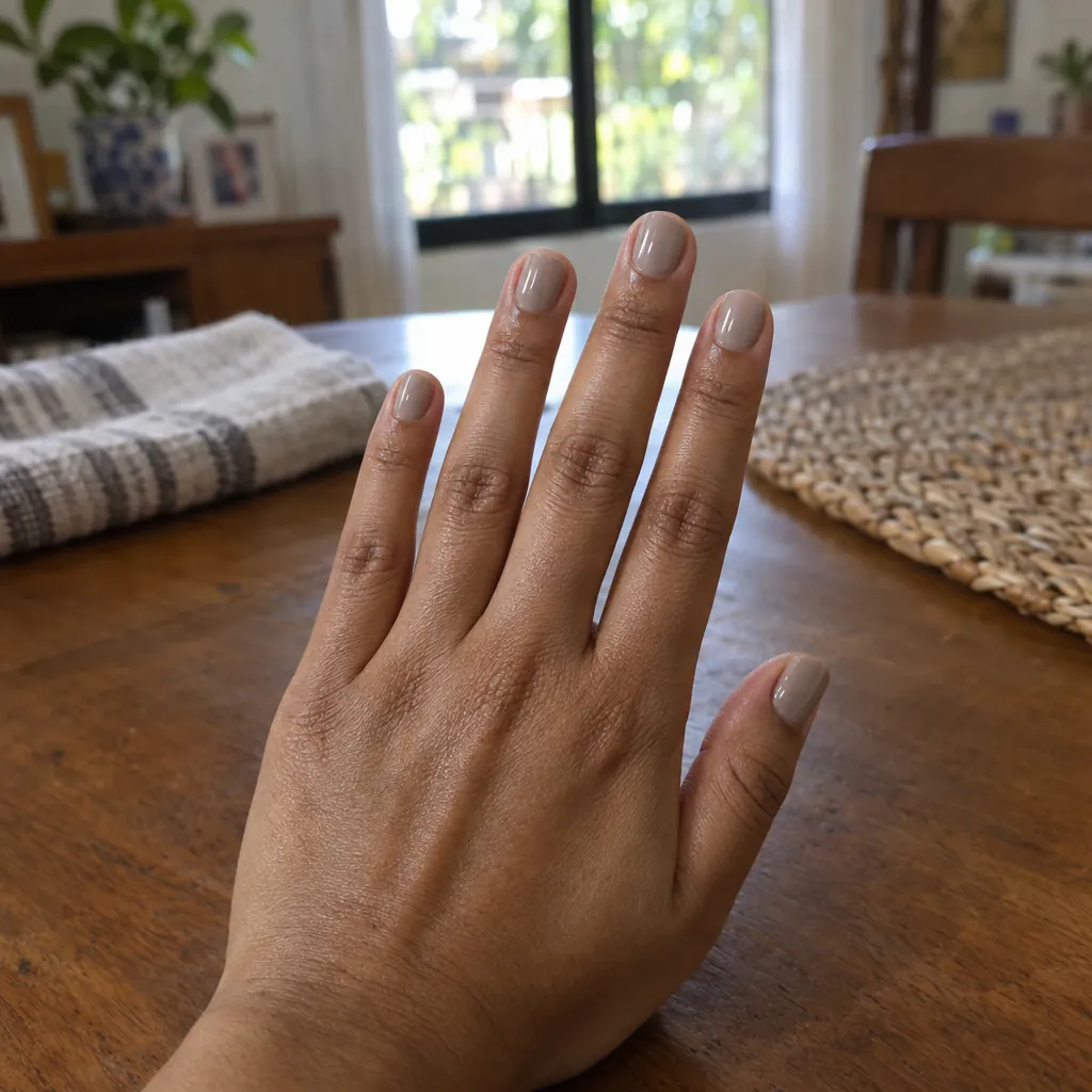Very short squoval nails in a soft warm greige.