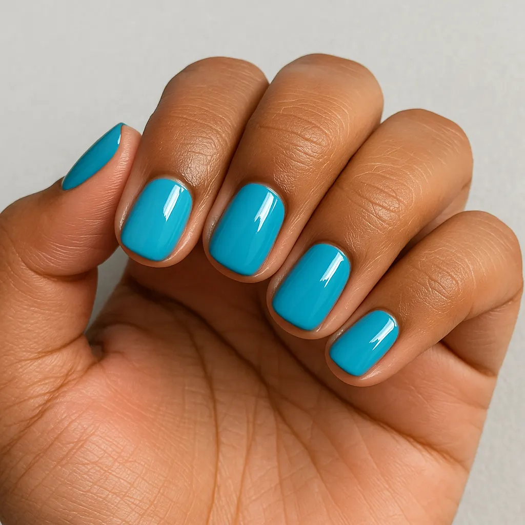 Short squoval nails in a bright turquoise, on kayumanggi skin against a light grey background.