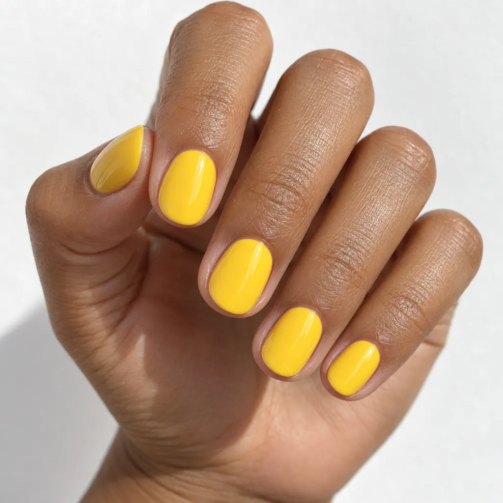 Short round nails in a bright sunshine yellow, on tan skin.