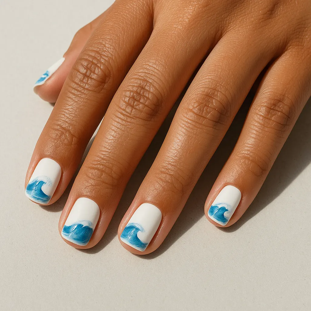 Short square nails in opaque white, each with a blue wave hand-painted across it, on kayumanggi skin against a light grey background.