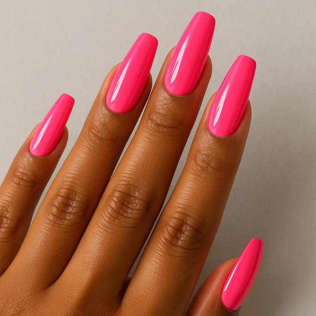 Long coffin nails in a vivid neon pink, on kayumanggi skin against a light grey background.