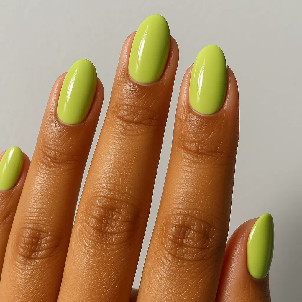 Short almond nails in a bright lime green, on morena skin against a light grey background.