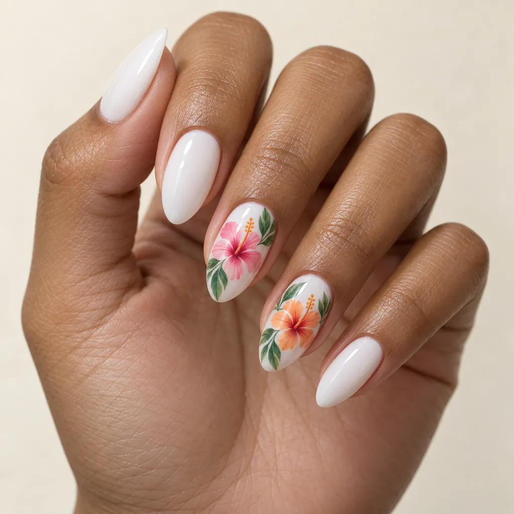 Long almond nails in milky white with a pink and an orange hibiscus hand-painted on two accent nails, on warm brown skin.