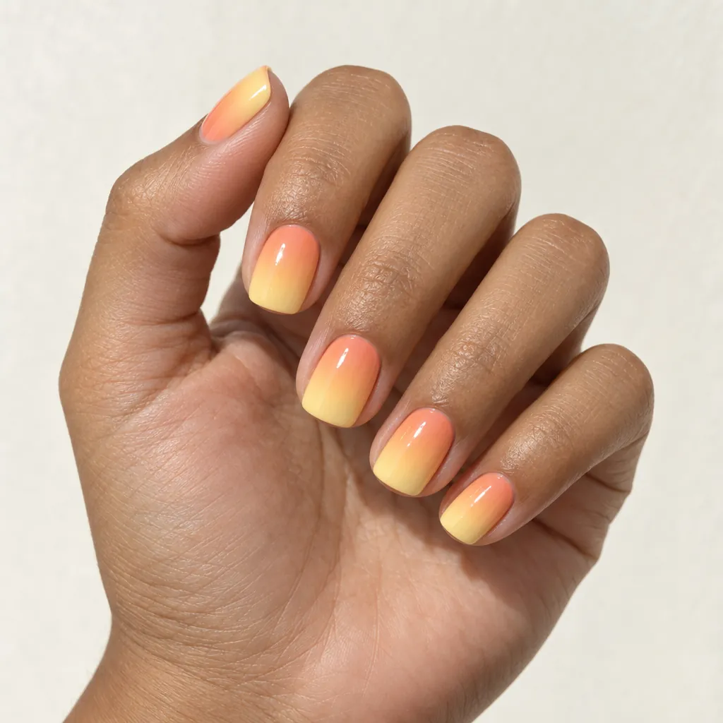 Short squoval nails fading from soft orange at the cuticle to pale yellow at the tip, on tan skin.