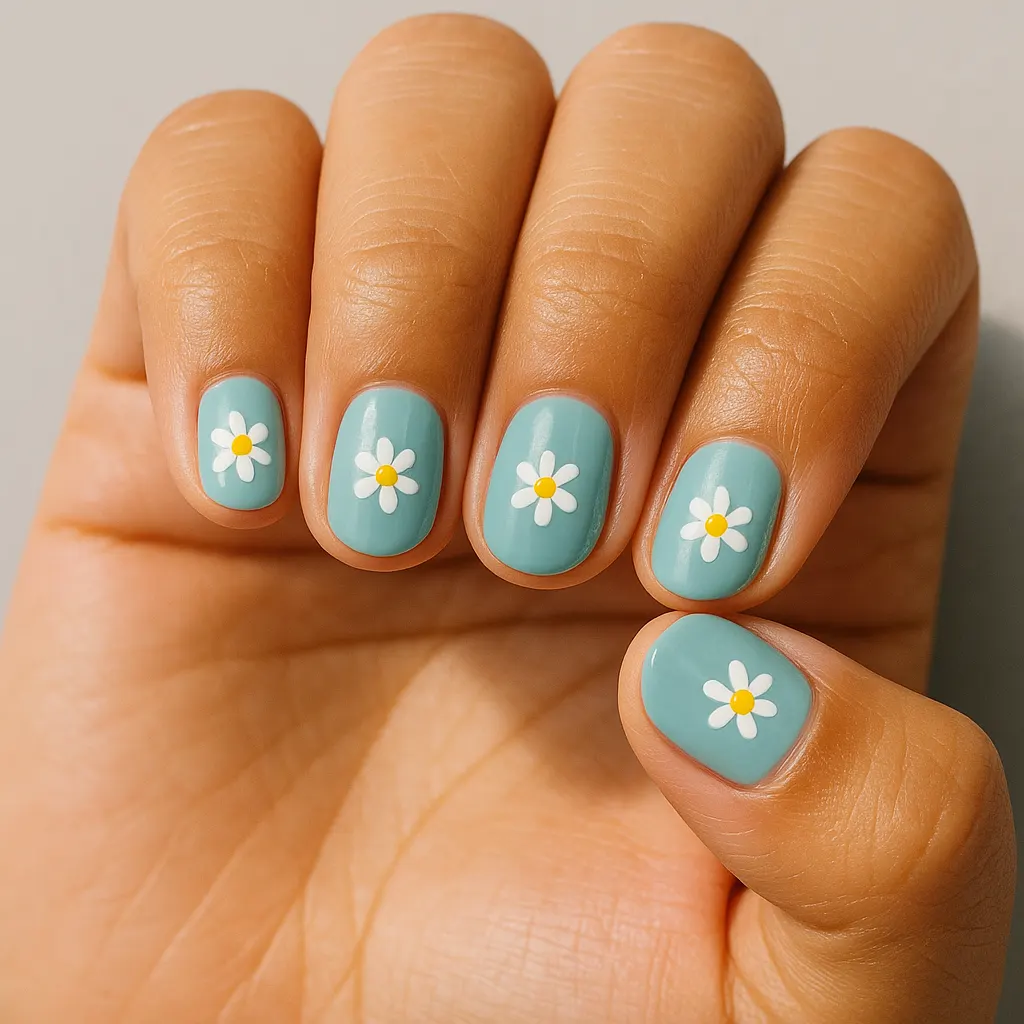Short round nails in a soft aqua, each with one white daisy and a yellow centre, on warm tan skin against a light grey background.